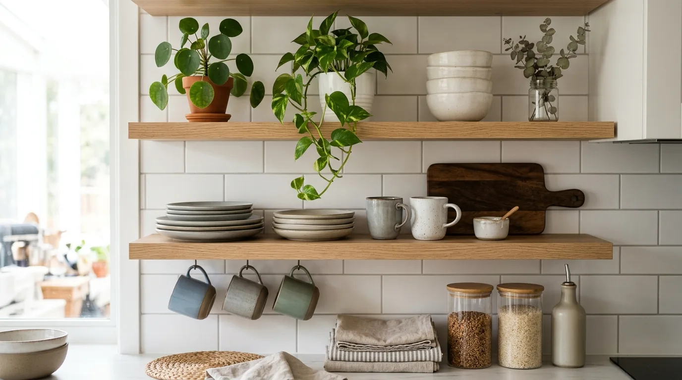 Use open shelving only where it adds real value inspiration for an IKEA kitchen.